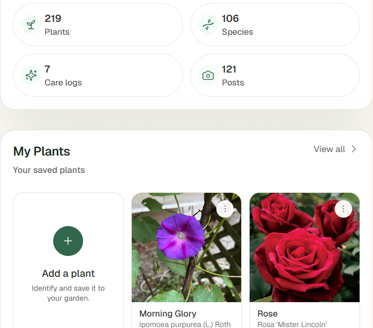 Actual My Garden collection view showing 219 plants, 106 species, and saved Morning Glory and Rose plant cards in an outdoor gardener's collection
