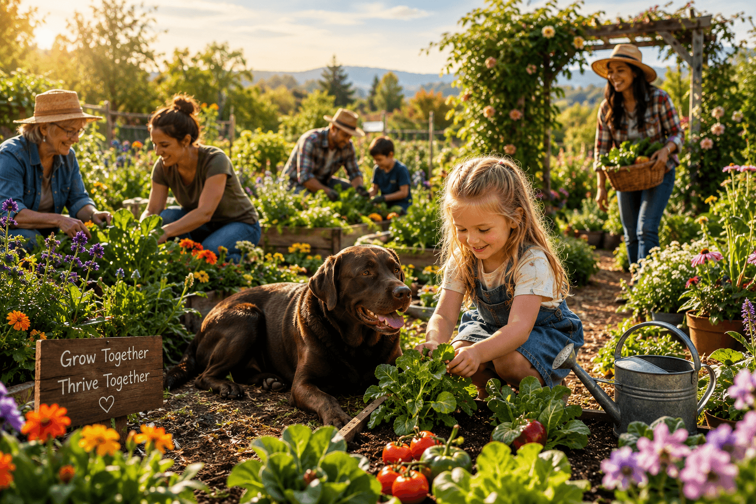 Gardeners growing vegetables, flowers, and herbs together in a warm, thriving community garden.